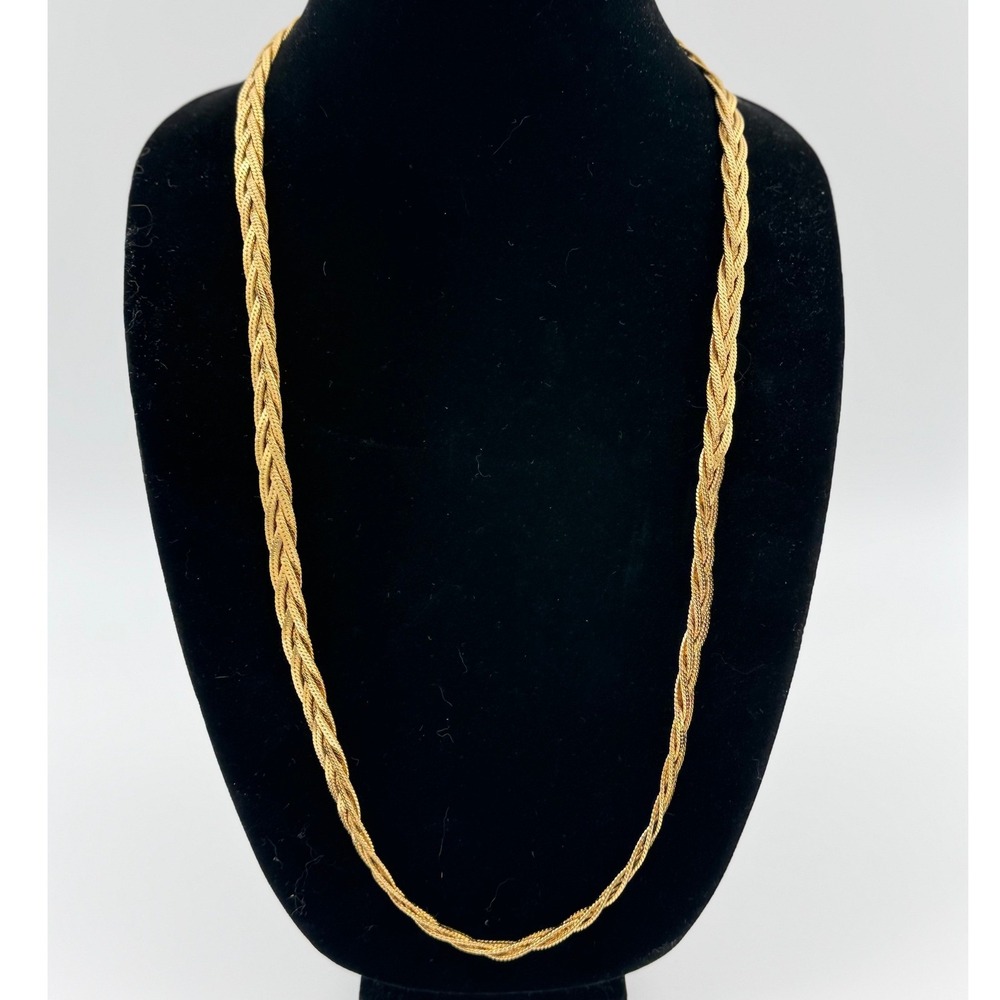 Napier Vintage Gold Tone Braided Herringbone Triple Strand Chain Necklace 25 In